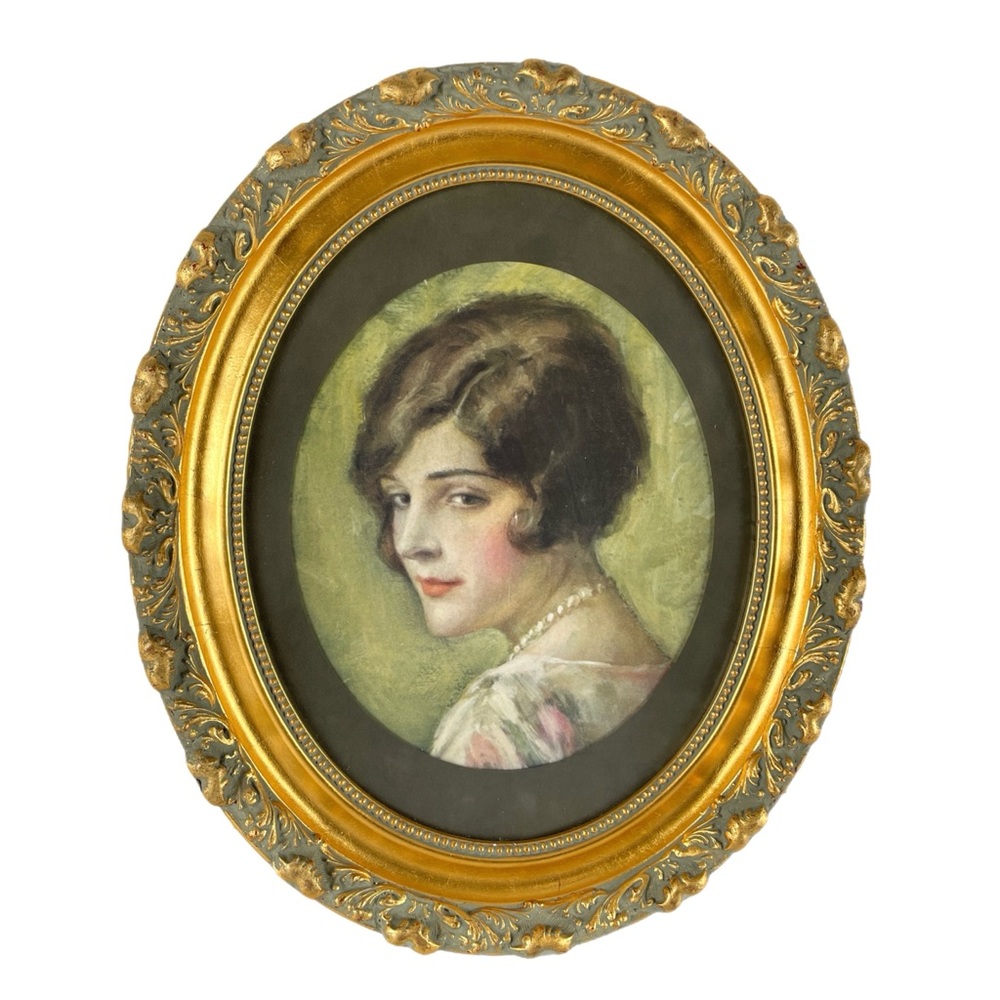 Young Woman in Rose-Patterned Dress Framed Print
